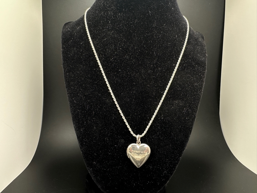 Tiffany & Co Sterling Silver Elsa Peretti Heart Locket Pendant With Sterling Silver 18' Rope Chain Necklace 7.6g [Photo 2]