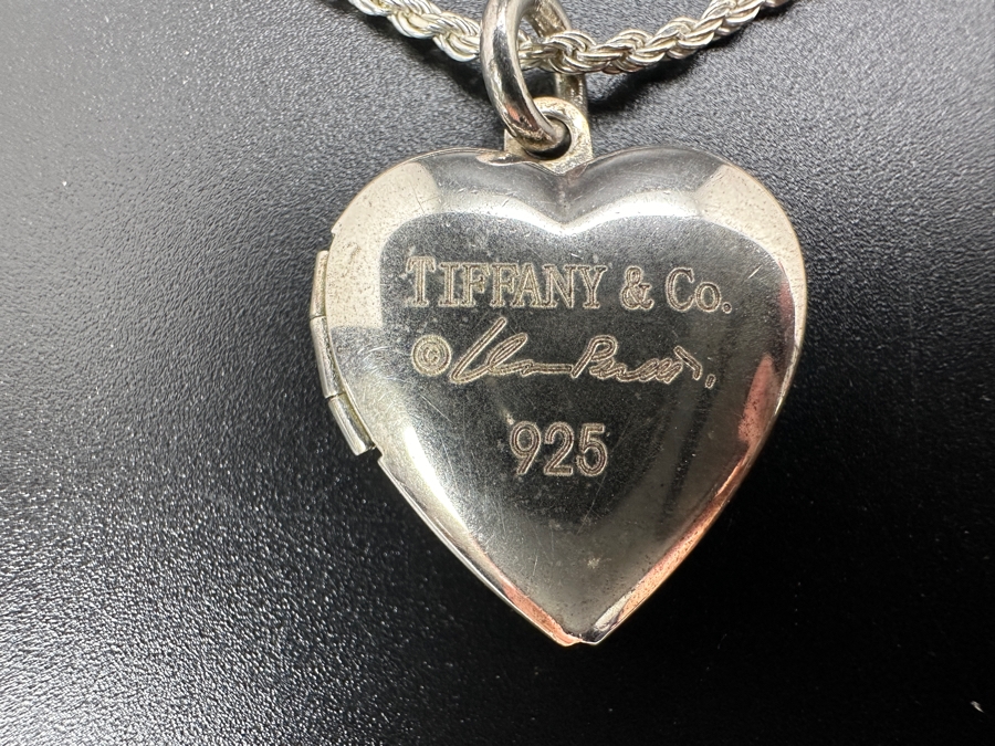 Tiffany & Co Sterling Silver Elsa Peretti Heart Locket Pendant With Sterling Silver 18' Rope Chain Necklace 7.6g [Photo 4]