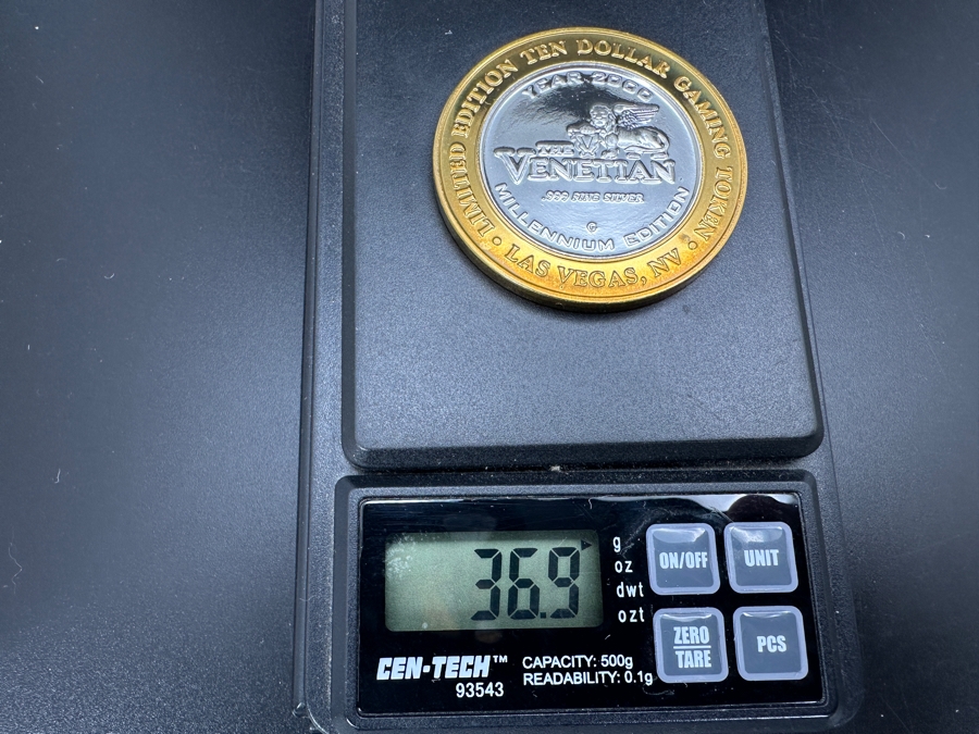 .999 Fine Silver Limited Edition Ten Dollar Gaming Token Year 2000 1st Anniversary Millennium Edition The Venetian Casino In Las Vegas, NV 1.19 Troy Ounces [Photo 4]