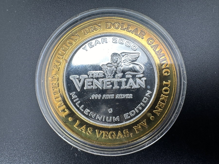 .999 Fine Silver Limited Edition Ten Dollar Gaming Token Year 2000 1st Anniversary Millennium Edition The Venetian Casino In Las Vegas, NV 1.19 Troy Ounces [Photo 3]