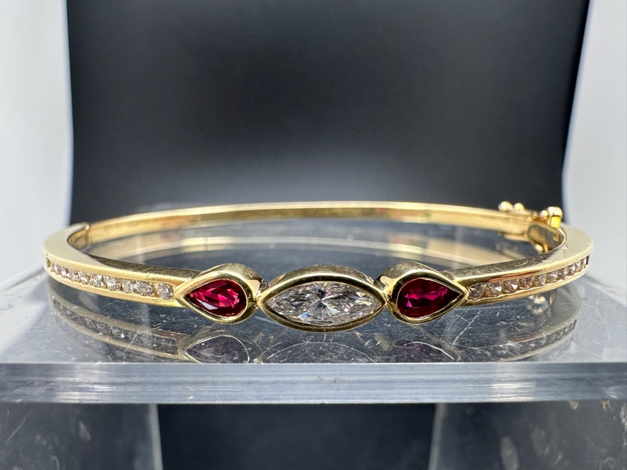 14K Gold Hinged Bangle Bracelet With Moissanite Center Stone, Synthetic Ruby Sides & (20) 1.8mm Diamonds Estimated .40cttw 2.5'W 12.9g Retails $3,000 [Photo 2]