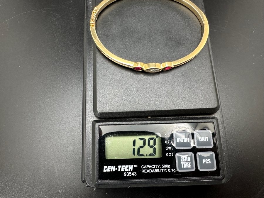 14K Gold Hinged Bangle Bracelet With Moissanite Center Stone, Synthetic Ruby Sides & (20) 1.8mm Diamonds Estimated .40cttw 2.5'W 12.9g Retails $3,000 [Photo 8]