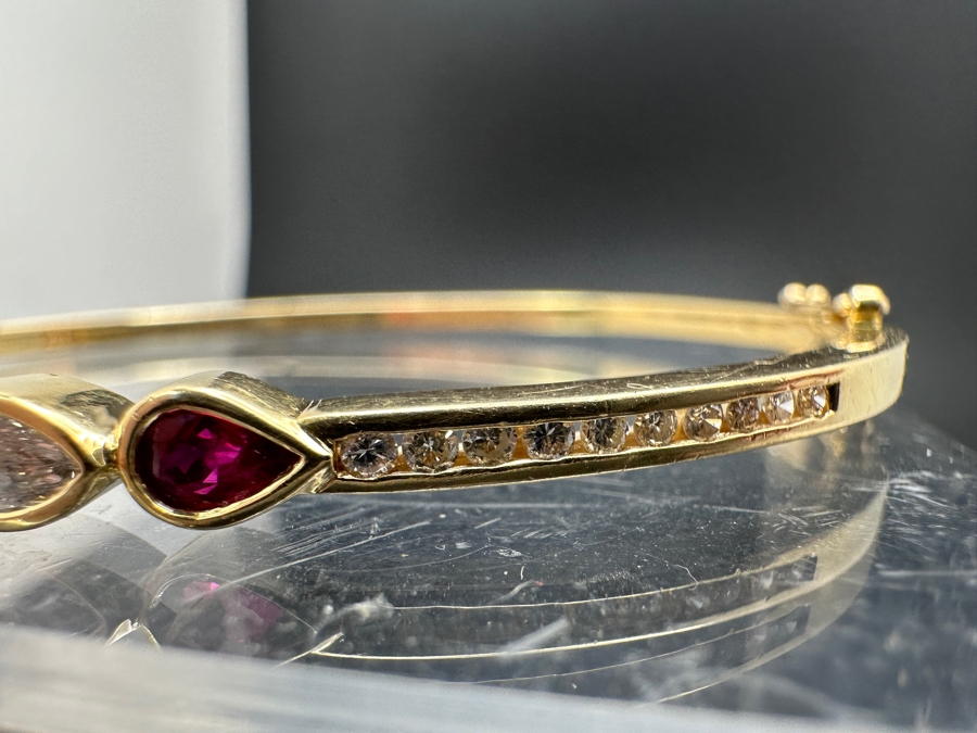 14K Gold Hinged Bangle Bracelet With Moissanite Center Stone, Synthetic Ruby Sides & (20) 1.8mm Diamonds Estimated .40cttw 2.5'W 12.9g Retails $3,000 [Photo 6]