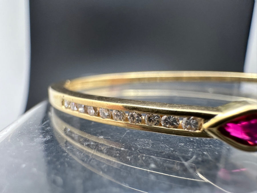 14K Gold Hinged Bangle Bracelet With Moissanite Center Stone, Synthetic Ruby Sides & (20) 1.8mm Diamonds Estimated .40cttw 2.5'W 12.9g Retails $3,000 [Photo 5]