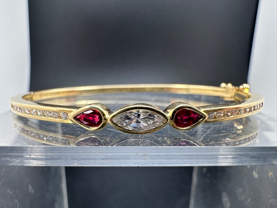 14K Gold Hinged Bangle Bracelet With Moissanite Center Stone, Synthetic Ruby Sides & (20) 1.8mm Diamonds Estimated .40cttw 2.5'W 12.9g Retails $3,000 [Photo 3]
