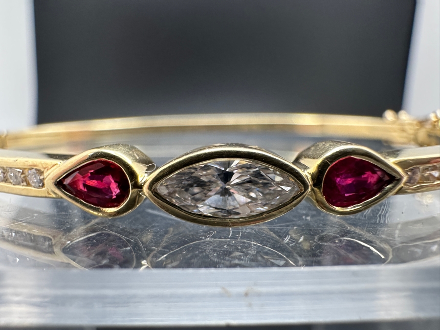 14K Gold Hinged Bangle Bracelet With Moissanite Center Stone, Synthetic Ruby Sides & (20) 1.8mm Diamonds Estimated .40cttw 2.5'W 12.9g Retails $3,000 [Photo 4]
