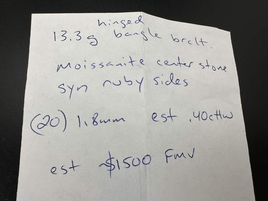14K Gold Hinged Bangle Bracelet With Moissanite Center Stone, Synthetic Ruby Sides & (20) 1.8mm Diamonds Estimated .40cttw 2.5'W 12.9g Retails $3,000 [Photo 9]
