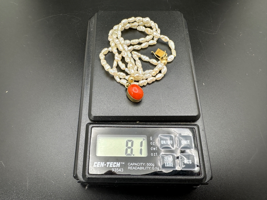 Multi Strand Pearl 8' Bracelet With 18K Gold Clasp Accented With Cabochon Coral 8.1g [Photo 9]