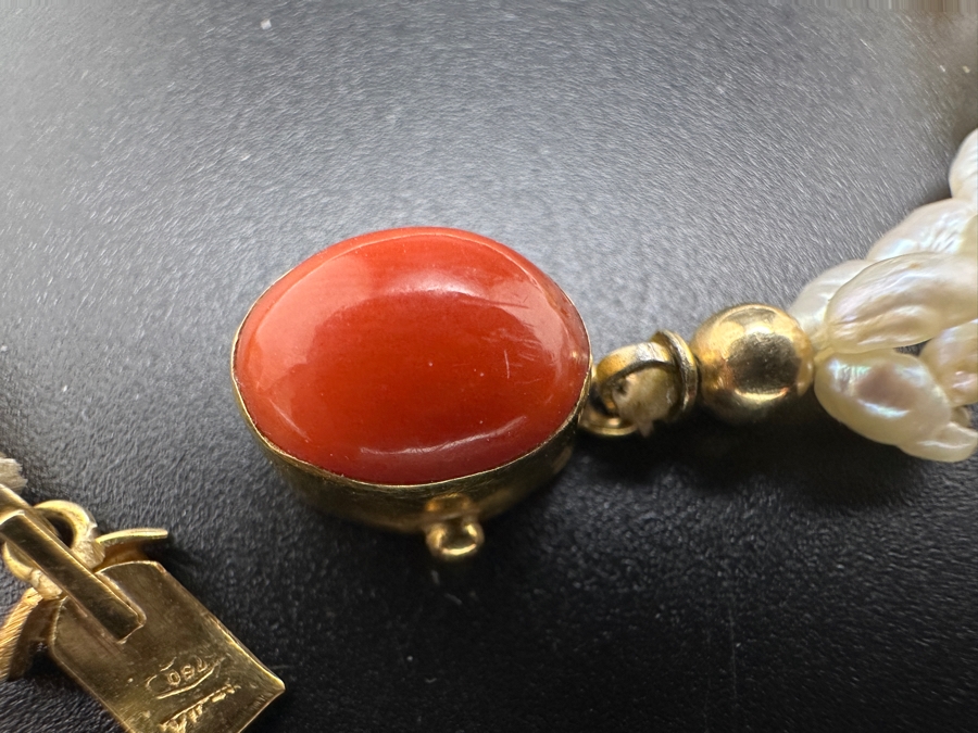 Multi Strand Pearl 8' Bracelet With 18K Gold Clasp Accented With Cabochon Coral 8.1g [Photo 4]