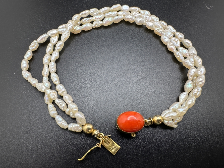 Multi Strand Pearl 8' Bracelet With 18K Gold Clasp Accented With Cabochon Coral 8.1g [Photo 2]