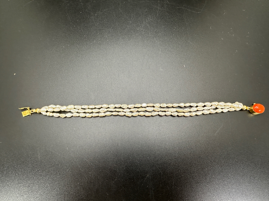 Multi Strand Pearl 8' Bracelet With 18K Gold Clasp Accented With Cabochon Coral 8.1g [Photo 7]