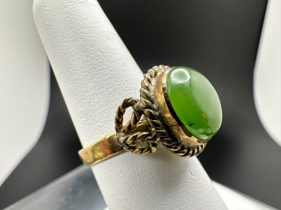 Vintage 18K Gold Cabochon Jade Ring Size 6.5 4.5g [Photo 4]