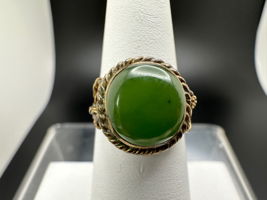 Vintage 18K Gold Cabochon Jade Ring Size 6.5 4.5g [Photo 2]