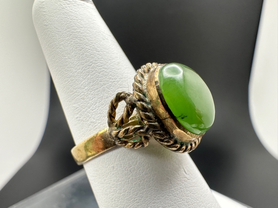 Vintage 18K Gold Cabochon Jade Ring Size 6.5 4.5g [Photo 3]