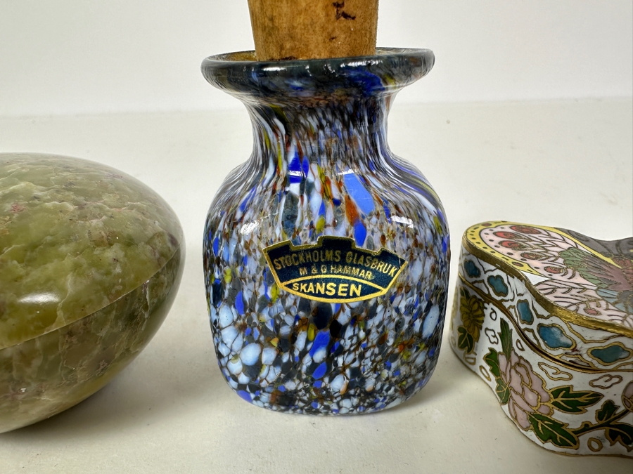 Stone Box (L), Stockholms Glasbruk M & G Hammar Skansen Glass Bottle With Stopper (M) And Chinese Cloisonne Butterfly Box (R) [Photo 3]