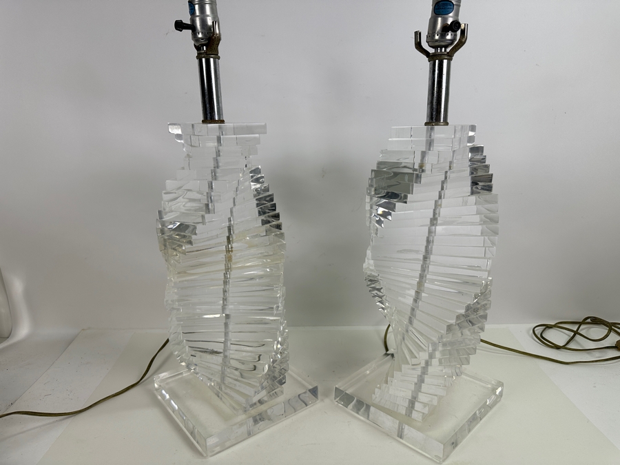 Vintage Karl Springer Style Mid-Century Modern Lucite Stacked Helix Spiral Table Lamps, A Pair (No Shades) 21H [Photo 5]