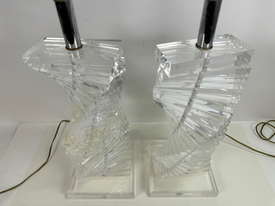 Vintage Karl Springer Style Mid-Century Modern Lucite Stacked Helix Spiral Table Lamps, A Pair (No Shades) 21H [Photo 4]