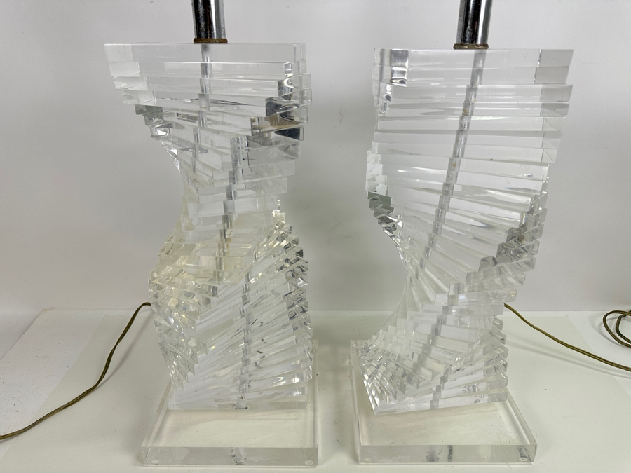 Vintage Karl Springer Style Mid-Century Modern Lucite Stacked Helix Spiral Table Lamps, A Pair (No Shades) 21H [Photo 3]