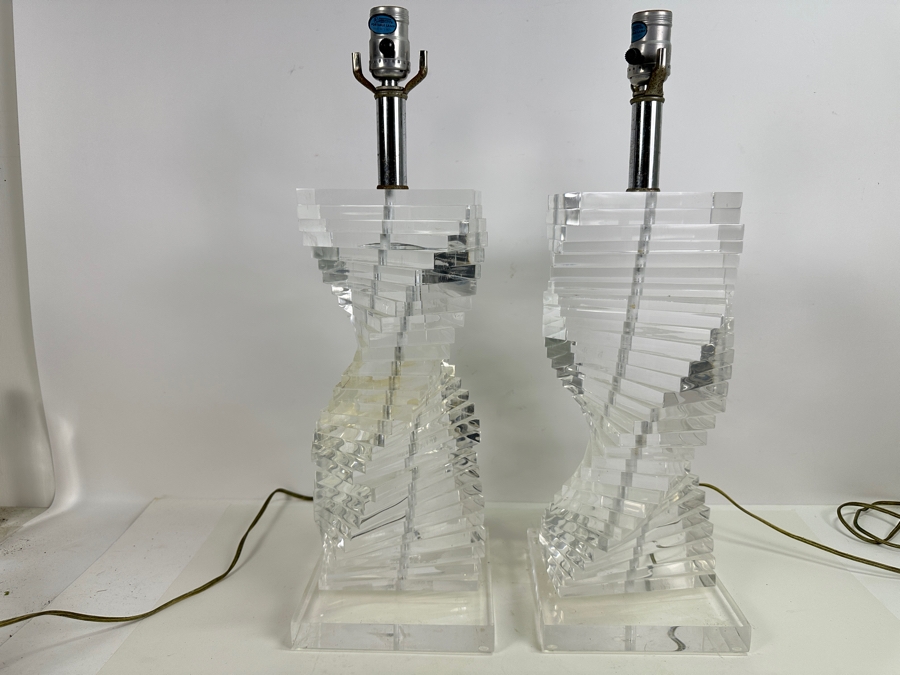 Vintage Karl Springer Style Mid-Century Modern Lucite Stacked Helix Spiral Table Lamps, A Pair (No Shades) 21H [Photo 2]