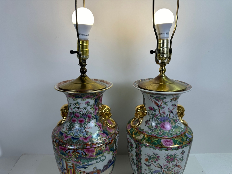 Pair Of Chinese Hand Painted Famille Rose Vase Table Lamps (No Shades) 33.5H [Photo 12]