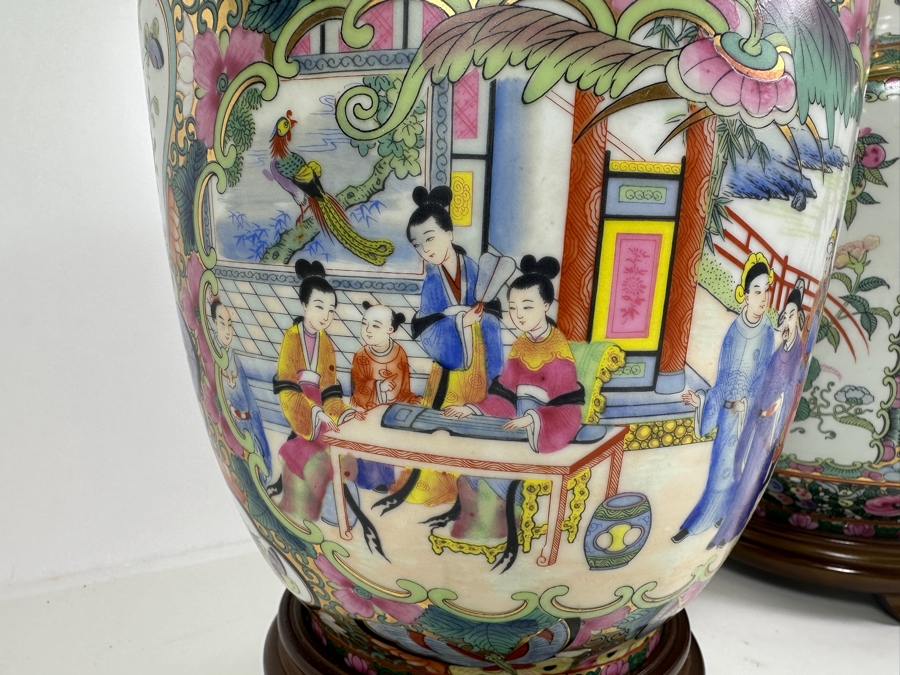 Pair Of Chinese Hand Painted Famille Rose Vase Table Lamps (No Shades) 33.5H [Photo 5]