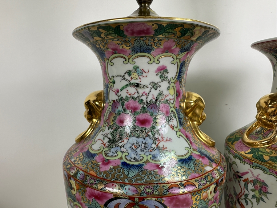 Pair Of Chinese Hand Painted Famille Rose Vase Table Lamps (No Shades) 33.5H [Photo 6]