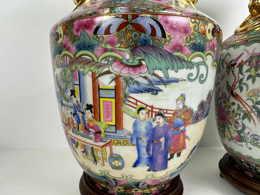 Pair Of Chinese Hand Painted Famille Rose Vase Table Lamps (No Shades) 33.5H [Photo 3]