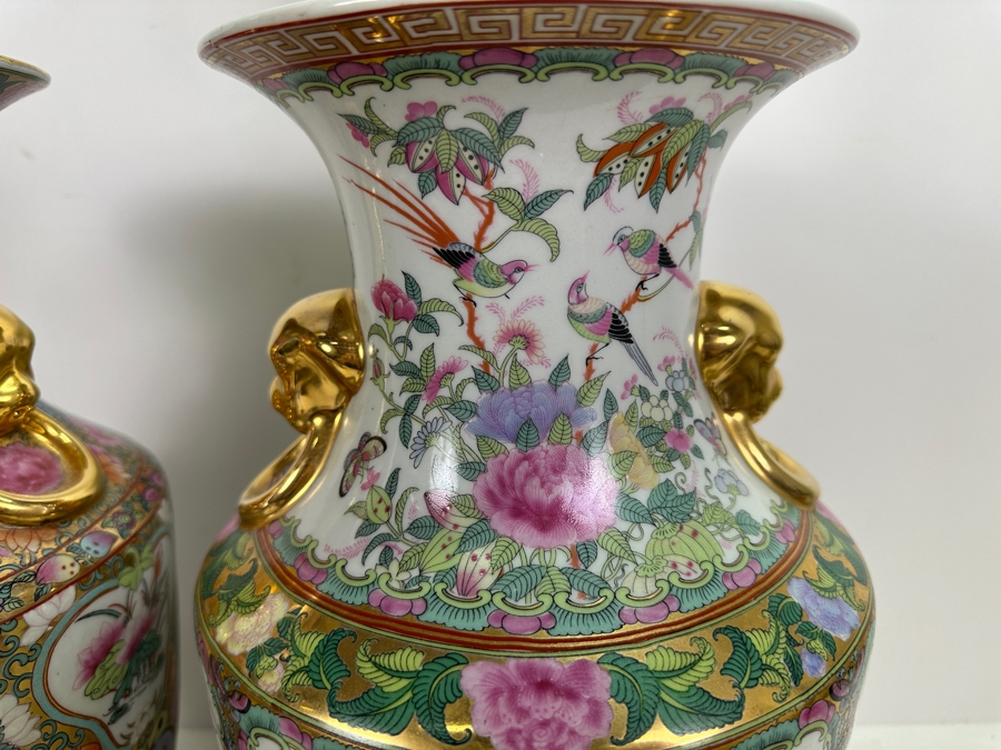 Pair Of Chinese Hand Painted Famille Rose Vase Table Lamps (No Shades) 33.5H [Photo 7]