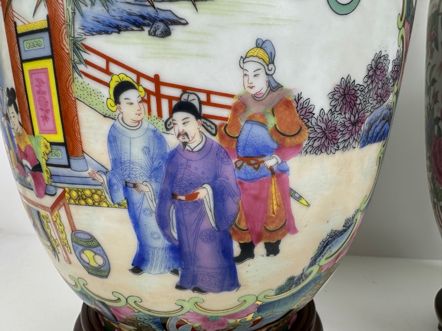 Pair Of Chinese Hand Painted Famille Rose Vase Table Lamps (No Shades) 33.5H [Photo 4]