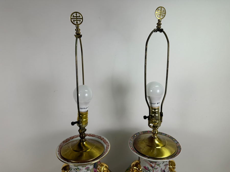 Pair Of Chinese Hand Painted Famille Rose Vase Table Lamps (No Shades) 33.5H [Photo 10]