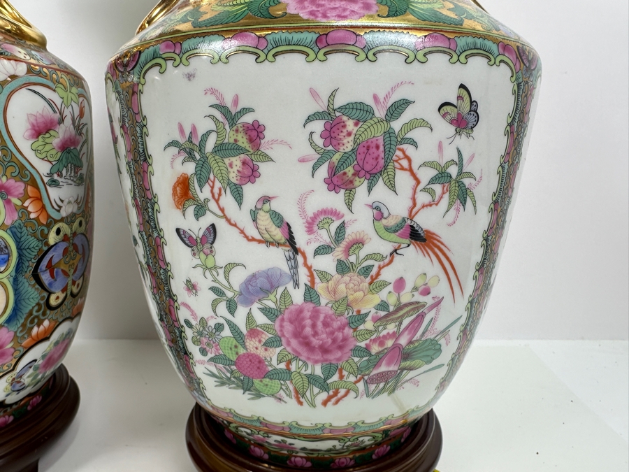 Pair Of Chinese Hand Painted Famille Rose Vase Table Lamps (No Shades) 33.5H [Photo 8]