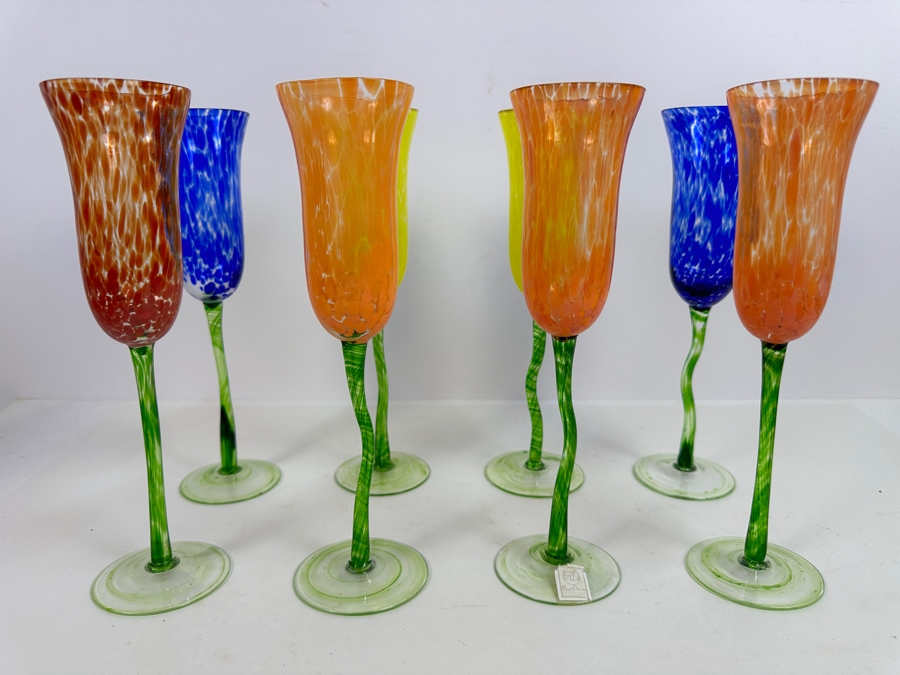 (8) Royal Danube Hand Painted Crystal Stemware Glasses RDZ5 Champagne Flutes 10.5H [Photo 3]