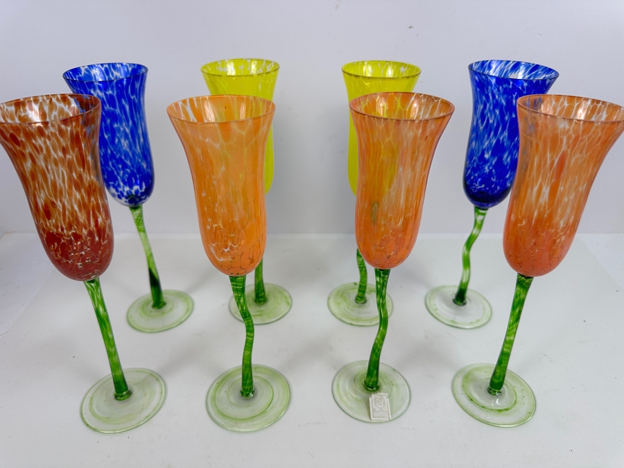 (8) Royal Danube Hand Painted Crystal Stemware Glasses RDZ5 Champagne Flutes 10.5H [Photo 2]
