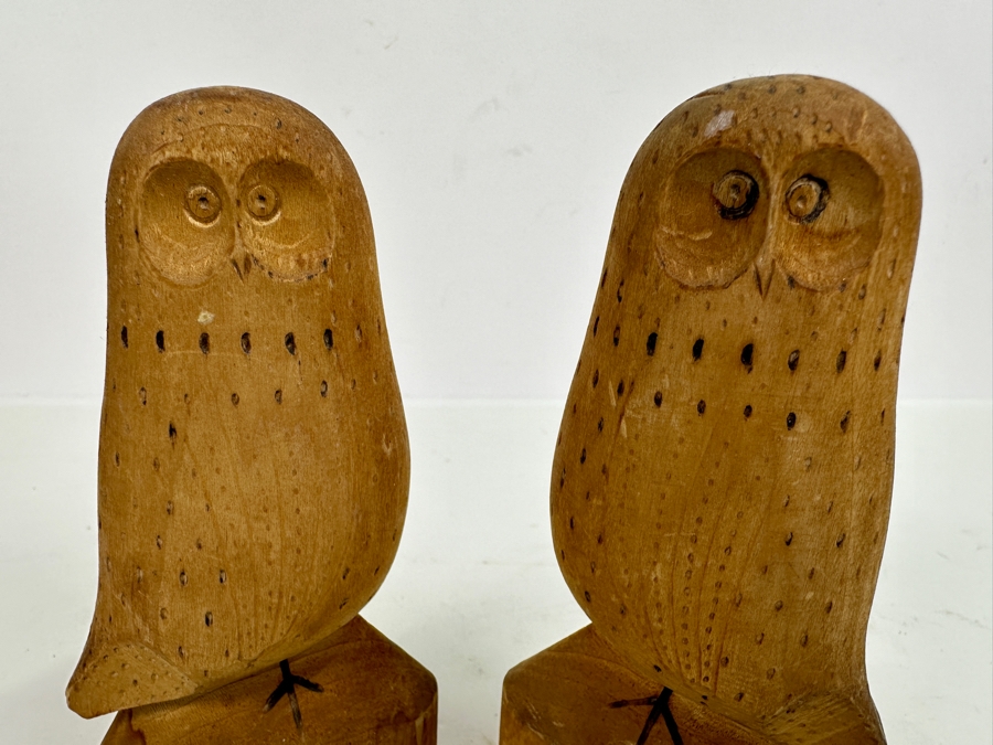 Pair Of Vintage 1971 MCM Carved Wooden Owls Signed AF. Pitea 1971 4.5H [Photo 2]