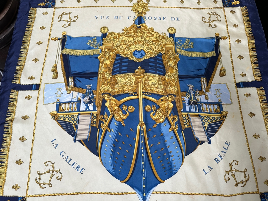 Hermes Paris Silk Scarf Vue Du Carosse De La Galera La Reale 35 X 35 - See Photos For Some Areas Of Staining [Photo 2]