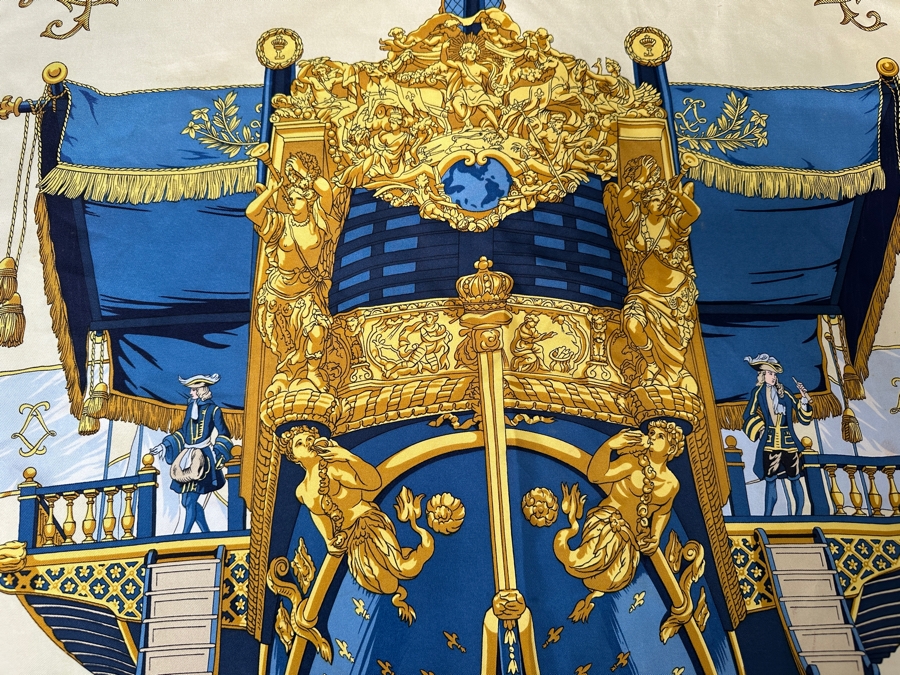 Hermes Paris Silk Scarf Vue Du Carosse De La Galera La Reale 35 X 35 - See Photos For Some Areas Of Staining [Photo 5]