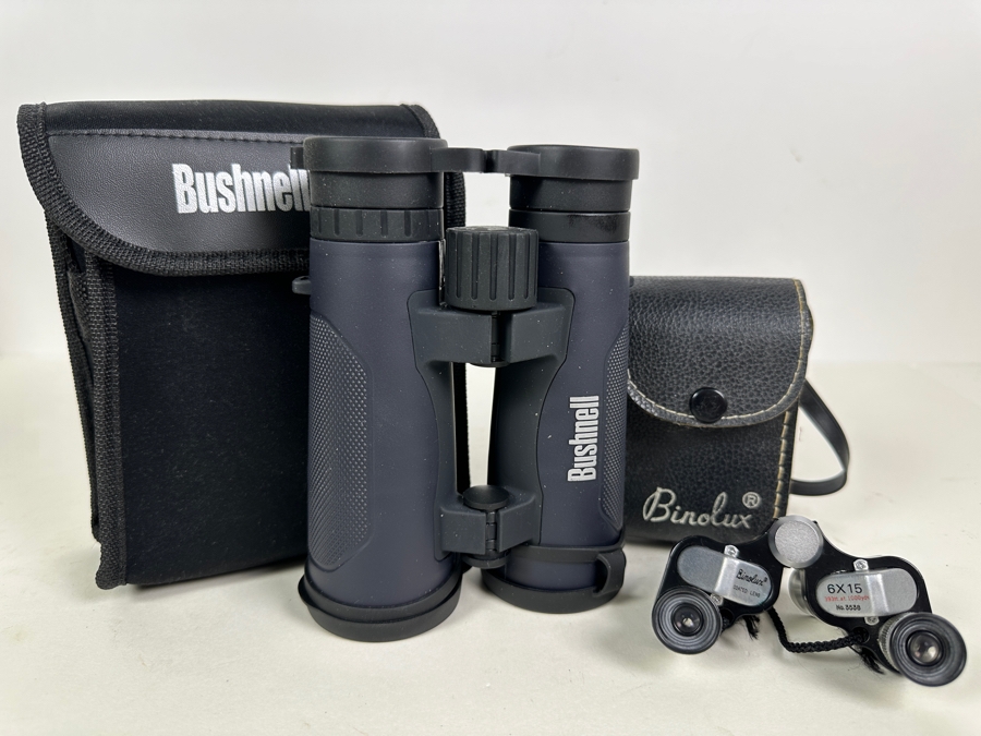 Vintage Metal Binolux 6 X 15 Miniature Binoculars & Bushnell 10 X 42 Xtera Waterproof Binoculars [Photo 2]