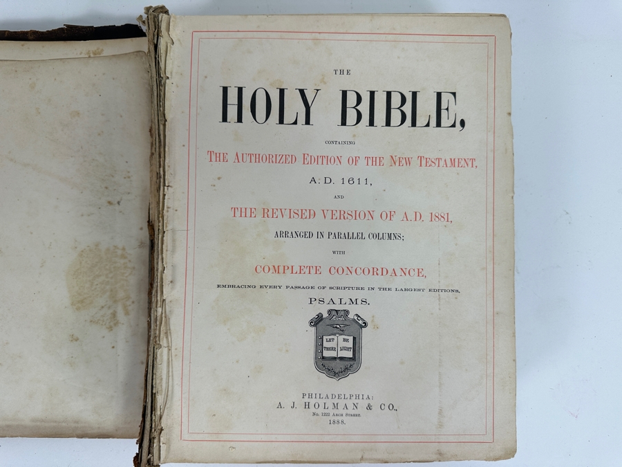 Antique 1888 Holy Bible Philadelphia A. J. Holman & Co. With Damaged Binding 10.25W X 12.5H X 3.25D [Photo 4]