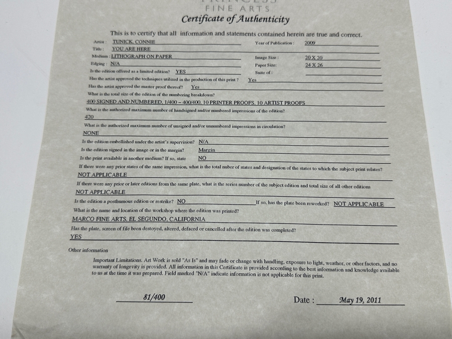 Connie Tunick Limited Edition Print Titled 'You Are Here' Numbered 81/400 Signed Lower Right 20 X 20 Framed [Photo 5]