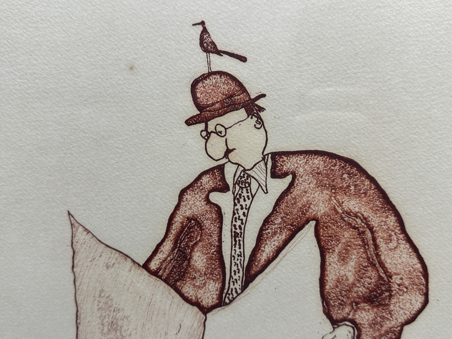 Robert Weil Limited Edition Lithograph On Paper Man Reading Newspaper With A Bird On His Head Pencil Signed Lower Right And Numbered 59 Of 125 12 X 17 Framed 19 X 24 [Photo 3]
