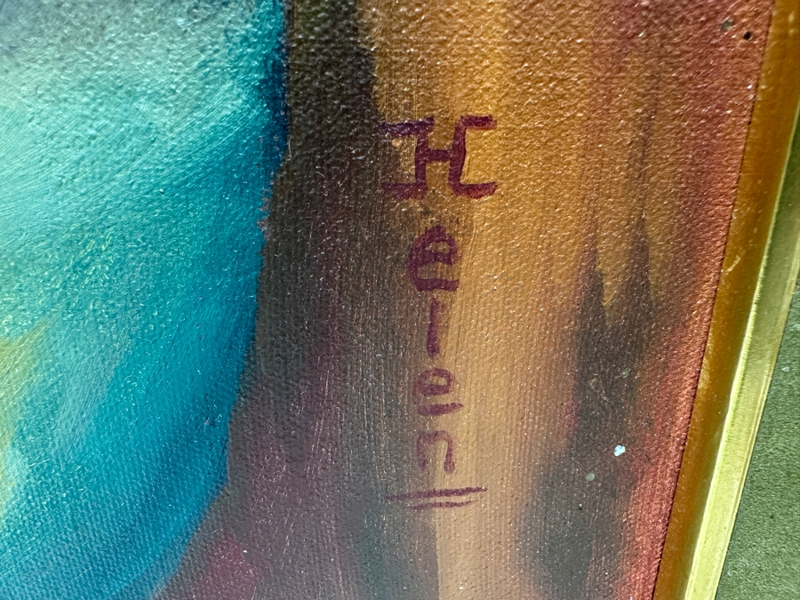 Original Mid-Century Abstract Painting On Canvas Mother With Child Signed Helen Lower Right 18 X 24 Framed 20.5 X 27 [Photo 5]