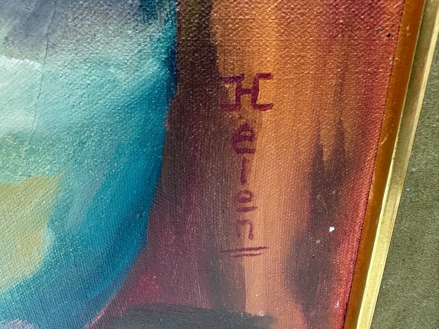 Original Mid-Century Abstract Painting On Canvas Mother With Child Signed Helen Lower Right 18 X 24 Framed 20.5 X 27 [Photo 4]