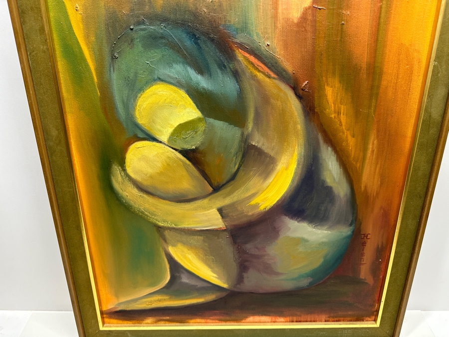 Original Mid-Century Abstract Painting On Canvas Mother With Child Signed Helen Lower Right 18 X 24 Framed 20.5 X 27 [Photo 2]