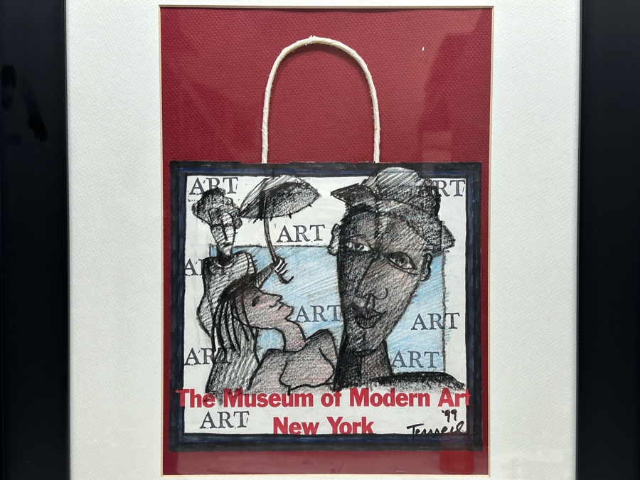 Gunter Temech Original Drawing On MOMA Bag Signed Lower Right And Verso 9.5 X 13 Framed Dated 1999 [Photo 3]