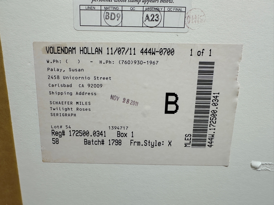 Schaefer / Miles Hand Signed Limited Edition Serigraph Titled 'Twilight Roses' Numbered 9/450 Hand Signed Lower Right 18.5 X 13 Framed 31 X 26 [Photo 11]