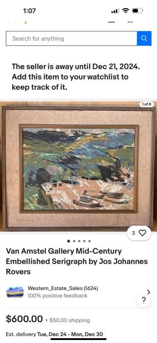 Just Added - Mid-Century Modern Van Amstel Gallery Embellished Serigraph On Canvas 24 X 36 Framed 28.5 X 41 [Photo 12]