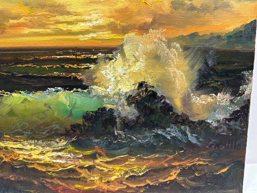 Original Oil Painting On Canvas Of A Seascape Breaking Waves Signed Lower Right Castillo 18 X 14 [Photo 2]
