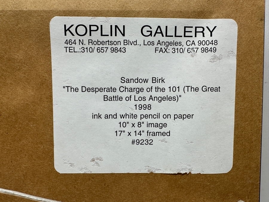Sandow Birk (B. 1962, American) Ink And White Pencil On Paper Drawing Titled 'The Desperate Charge Of The 101 (The Great Battle Of Los Angeles)' June 1998 Purchased From The Koplin Gallery In L.A. 8 X 10 Framed 14 X 17 Estimate $1,000-$2,000 [Photo 11]