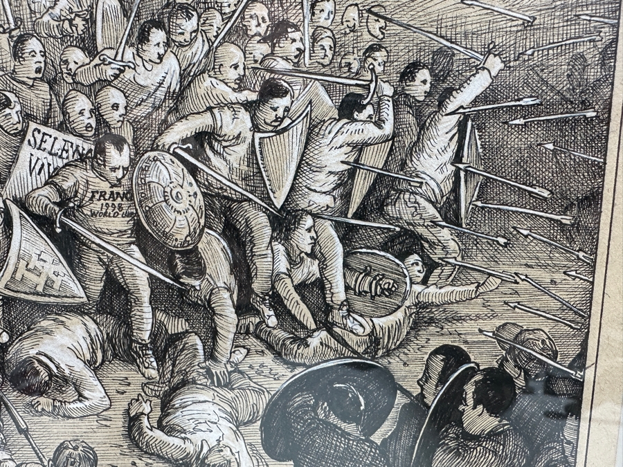 Sandow Birk (B. 1962, American) Ink And White Pencil On Paper Drawing Titled 'The Desperate Charge Of The 101 (The Great Battle Of Los Angeles)' June 1998 Purchased From The Koplin Gallery In L.A. 8 X 10 Framed 14 X 17 Estimate $1,000-$2,000 [Photo 7]