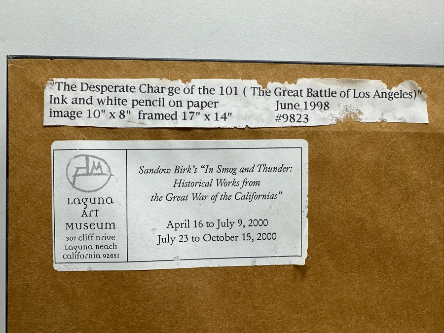 Sandow Birk (B. 1962, American) Ink And White Pencil On Paper Drawing Titled 'The Desperate Charge Of The 101 (The Great Battle Of Los Angeles)' June 1998 Purchased From The Koplin Gallery In L.A. 8 X 10 Framed 14 X 17 Estimate $1,000-$2,000 [Photo 13]